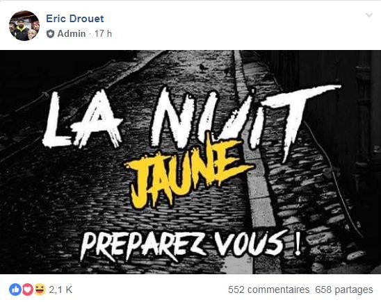 L'annonce d'une "nuit jaune" postée sur Facebook par Eric Drouet, le 21 janvier 2019. (ERIC DROUET / FACEBOOK)