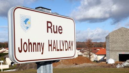 Un panneau de la rue Johnny-Hallyday sur la commune de Charvieu-Chavagneux, en Isère.&nbsp; (MAXPPP)