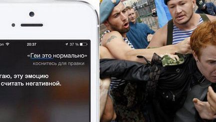 A gauche, la version russe de Siri (avant le 17 avril 2015) considérait comme «une émotion négative» la mention du mot «gay». A droite, des militaires s'en prennent à un militant des droits des homosexuels à Saint-Pétersbourg, en août 2013. (YouTube, Reuters/Alexander Demianchuk)