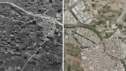 La ville de Picanya en 1956-57 (à gauche) et en 2021 (à droite), en Espagne. (INSTITUTO GEOGRAFICO NACIONAL / FRANCEINFO)