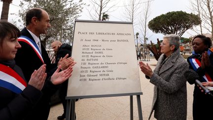 Inauguration de la Place des libérateurs africains à Bandol (Var) en présence de Geneviève Darrieussecq, secrétaire d'État auprès de la ministre des Armées, le 20 janvier 2020. (VALERIE LE PARC / MAXPPP)