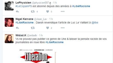 Capture d'écran de tweets condamnant la publication, dans Libération, d'un article de Luc Le Vaillant sur une femme voilée dans le métro parisien, le 7 décembre 2015. (TWITTER)