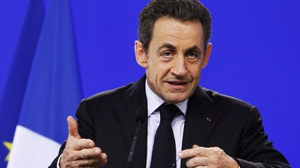 Le pr&eacute;sident de la R&eacute;publique Nicolas Sarkozy &agrave; Bruxelles (Belgique), le 30 janvier 2012. (BERNAL REVERT / BELGA MAG / BELGA / AFP)