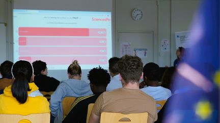 Des lycéens en terminale bac pro logistique suivent un atelier sur l'Union européenne, le 3 juin 2024 au lycée professionnel Gaston Barré de Niort (Deux-Sèvres). (LAURE COMETTI / FRANCEINFO)