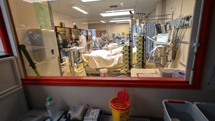 Des patients atteints du Covid-19&nbsp;dans une unité de soins intensifs du&nbsp;CHU de Montpellier (Hérault), le 5 novembre 2021. (PASCAL GUYOT / AFP)