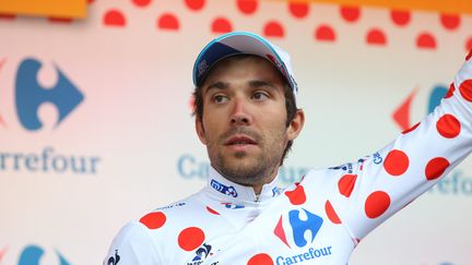 Le coureur français Thibaut Pinot avec le maillot à pois, le 10 juillet 2016, à Ordino-Arcalis (Andorre). (MATTHIEU DE MARTIGNAC / MAXPPP)