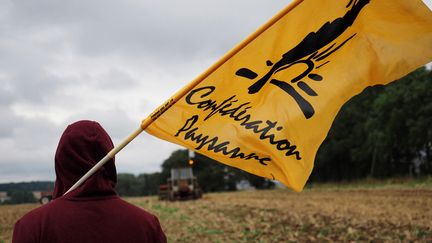 Un drapeau de Confédération paysanne, le 29 août 2018. (GUILLAUME SOUVANT / AFP)