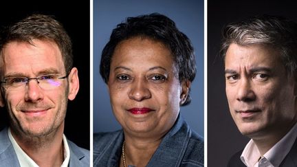 De gauche à droite, Nicolas Mayer-Rossignol (premier secrétaire délégué du PS), Hélène Geoffroy (maire PS de Vaulx-en-Velin) et Olivier Faure (premier secrétaire du PS). (STEFANO RELLANDINI,MARTIN BUREAU,JOEL SAGET / AFP)