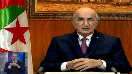 Le 18 février 2021, le président algérien Abdelmadjid Tebboune annonce sur une chaîne de la télévision publique la dissolution du parlement et des élections législatives anticipées en date du 12 juin 2021.&nbsp; (- / ALGERIE 3)