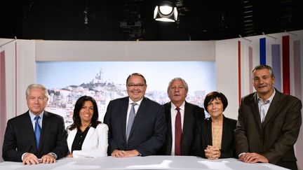 Les six candidats &agrave; la primaire PS de Marseille (Bouches-du-Rh&ocirc;ne), le 12 septembre 2013 sur le plateau de France 3 Provence. (ANNE-CHRISTINE POUJOULAT / AFP)