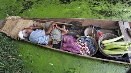 Petite sieste pour un vendeur de l&eacute;gumes cachemiri &agrave; Srinagar, le 30 juillet 2012. (DANISH ISMAIL / REUTERS)