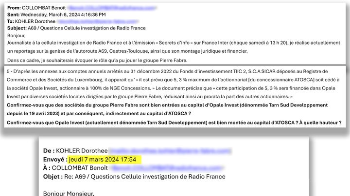 Extraits de l'échange entre la cellule investigation de Radio France et le groupe Pierre Fabre, le 6 et 7 mars 2024. (Cellule investigation de Radio France)