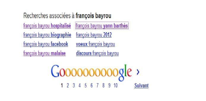 Capture d'écran des recherches associées à "François Bayrou" (DR)