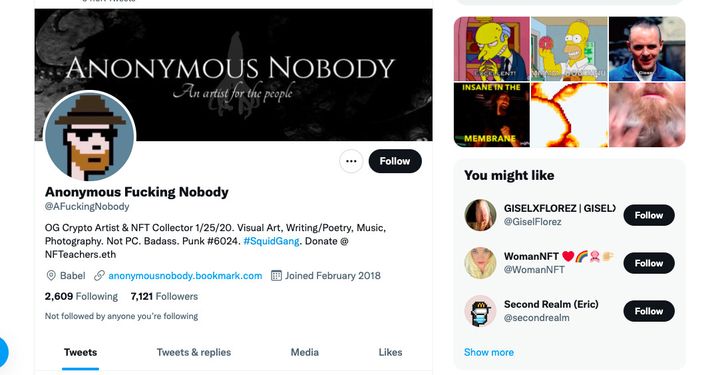 Profil twitter d'Anonymous Fucking Nobody dont la photo est un cryptopunk.&nbsp; (CAPTURE D'ÉCRAN)