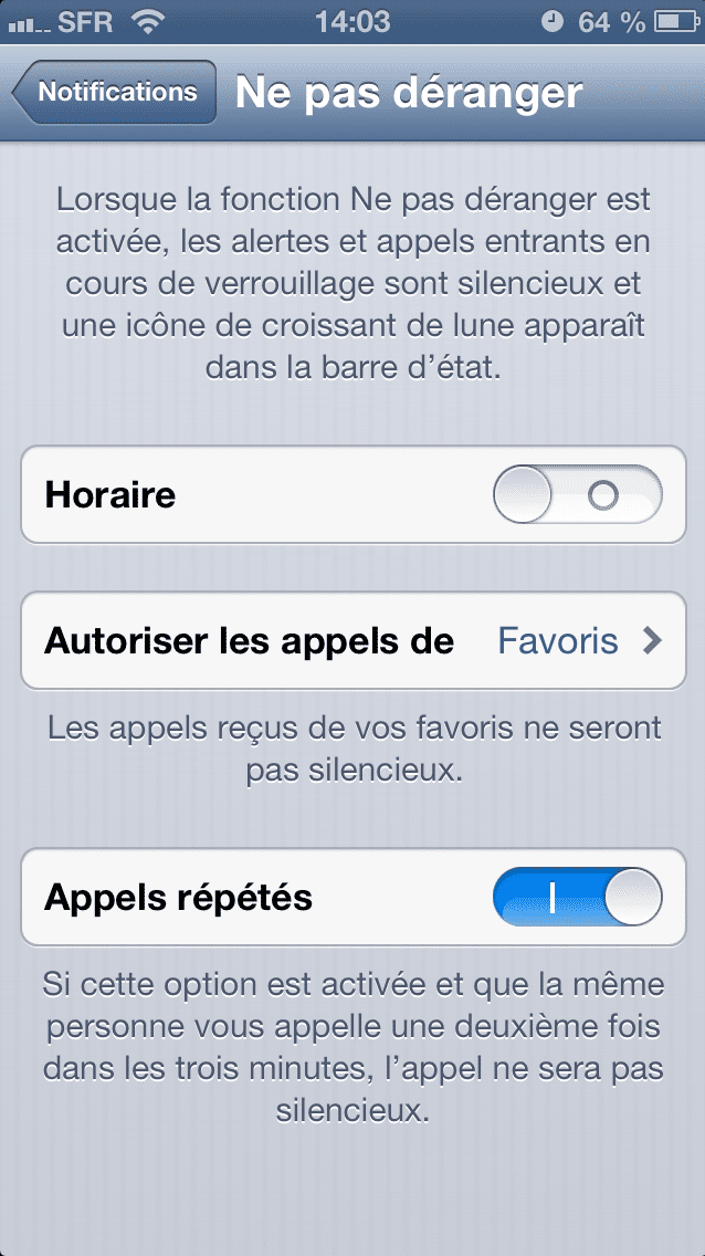 Le menu de configuration du mode "Ne pas d&eacute;ranger" sur iPhone. (FRANCETV INFO)