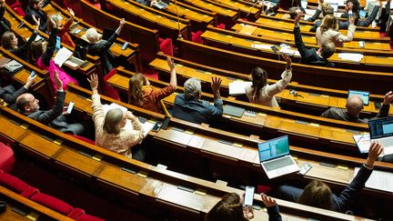 Les bancs du groupe Renaissance à l'Assemblée nationale, le 16 janvier 2023. (GAUTHIER BEDRIGNANS / HANS LUCAS VIA AFP)