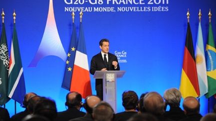 Nicolas Sarkozy s'exprimant le 18 février devant les gouverneurs des banques centrales des pays du G20 (AFP - LIONEL BONAVENTURE)