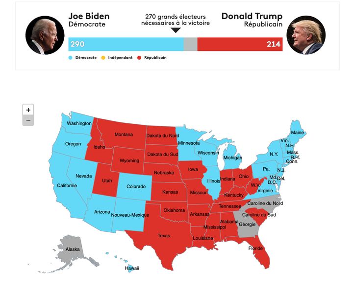 La carte des résultats, Etat par Etat, à la date du 8 novembre à midi (heure des Etats-Unis). (FRANCEINFO)