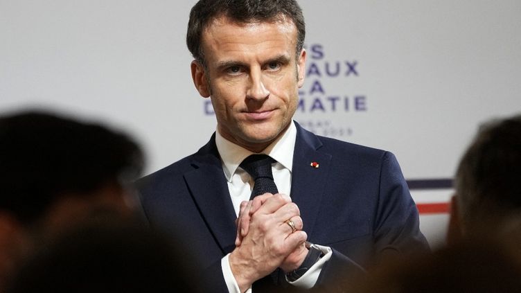 French President Emmanuel Macron during the national round table on diplomacy at the Ministry of Foreign Affairs in Paris, March 16, 2023. (MICHEL EULER / AFP)