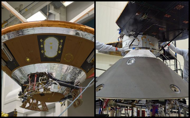 A gauche, le module d'atterrissage de la mission russo-européenne ExoMars. A droite, l'installation du dispositif&nbsp;américain InSight. (ESA / NASA)