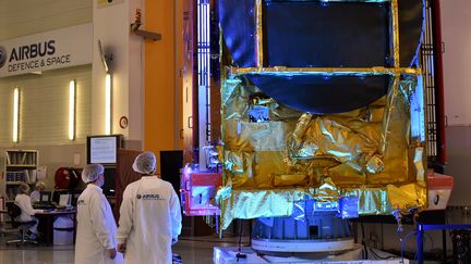 Le satellite Eutelsat 172B, chez Airbus à Toulouse (Haute-Garonne), le 15 mars 2017. (REMY GABALDA / AFP)