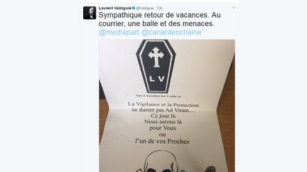 Capture d'écran d'un tweet du rédacteur en chef du "Journal du dimanche", qui a indiqué le 11 avril 2017 avoir été la cible de menaces de mort. (LAURENT VALDIGUIE / TWITTER)