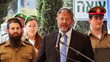 Le ministre de la Sécurité intérieure israélien et figure de l'extrême droite israélienne Itamar Ben Gvir, le 25 avril 2023 à Beershéva (Israël). (GIL COHEN-MAGEN / AFP)