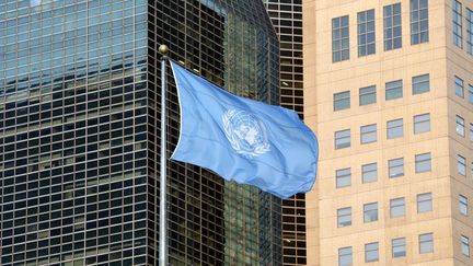 Le drapeau des Nations unies lors du Sommet d'action pour le climat 2019 dans la salle de l'Assemblée générale des Nations unies à New York, le 23 septembre 2019. (LUDOVIC MARIN / AFP)