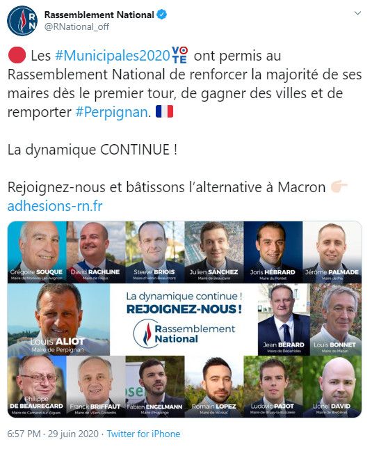 Capture d'écran d'un tweet publié sur le compte officiel du RN le 29 juin 2020. (RASSEMBLEMENT NATIONAL / TWITTER)