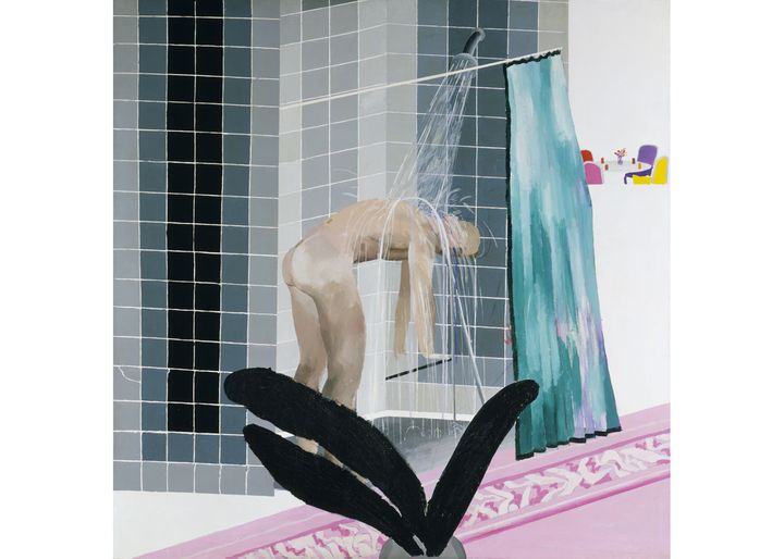 David Hockney, "Man in Shower in Beverley Hills", [Homme prenant une douche à Beverley Hills], 1964, acrylique sur toile, Tate, acquis en 1980 (© David Hockney, Photo : Tate)