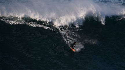 Le surfeur brésilien Rodrigo Koxa surfe une vague de Nazaré au Portugal, le 29 novembre 2014. (FRANCISCO LEONG / AFP)