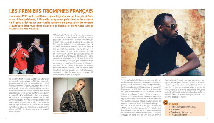 Une double page du livre "L'Art du Rap" de Jean-Eric Perrin consacrée aux premiers triomphes du rap français. (EDITIONS PALETTE)