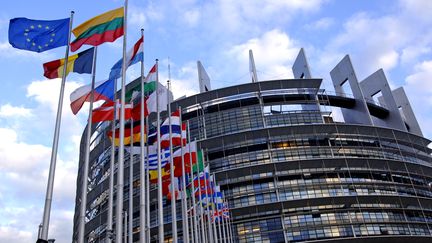 Les drapeaux des pays europ&eacute;ens flottent devant le Parlement europ&eacute;en &agrave; Strasbourg. (ADAM BERRY / BLOOMBERG / GETTY IMAGES)