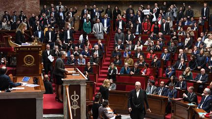 La Première ministre, Elisabeth Borne, déclenche l'article 49.3 de la Constitution sur la réforme des retraites à l'Assemblée nationale, le 16 mars 2023. (ALAIN JOCARD / AFP)