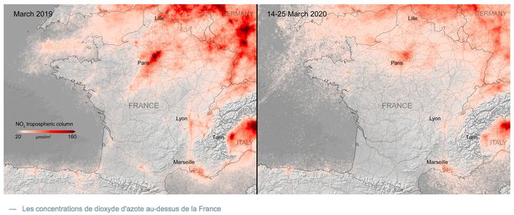 Concentrations en dioxyde d’azote au-dessus de la France. (COPERNICUS SENTINEL DATA (2019-20) TRAITEES PAR KNMI/ESA)