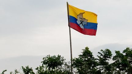 Le drapeau des Forces arm&eacute;es r&eacute;volutionnaires de Colombie (Farc), flotte au bord d'une route entre les villes de Corinto et Caloto, dans la r&eacute;gion de Cauca, le 12 novembre 2012.&nbsp; (LUIS ROBAYO / AFP)