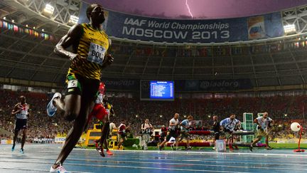 Usain Bolt&nbsp;aux championnats du monde d'athl&eacute;tisme de Moscou, le 11 ao&ucirc;t 2013. (OLIVIER MORIN / AFP)