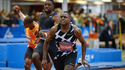 Le sprinteur américain Christian Coleman, le 29 janvier 2022, aux Millrose Games de New York. (ED JONES / AFP)