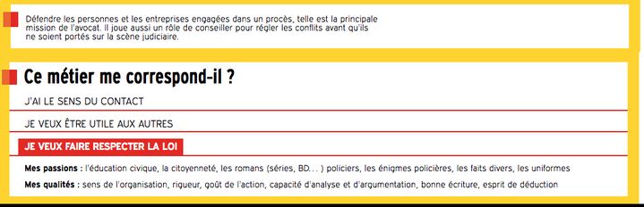 La&nbsp;fiche de l'Onisep sur le métier d'avocat, en janvier 2018. (FRANCEINFO)