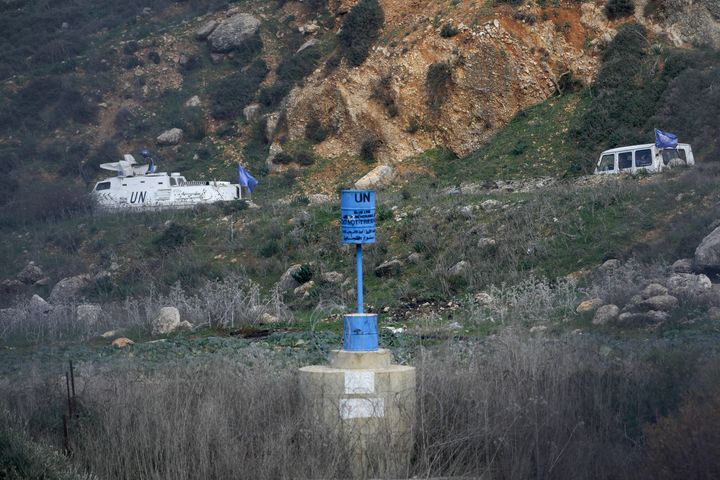 One of the barrels marking the blue line between Israel and Lebanon, near Metula (Israel), January 2, 2021. (JALAA MAREY / AFP)