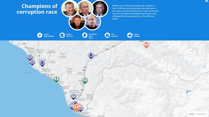 Capture d'&eacute;cran du site sochi.fbk.info cartographiant la corruption dans la r&eacute;gion de Sotchi (Russie), le 5 f&eacute;vrier 2014. (FRANCETV INFO)