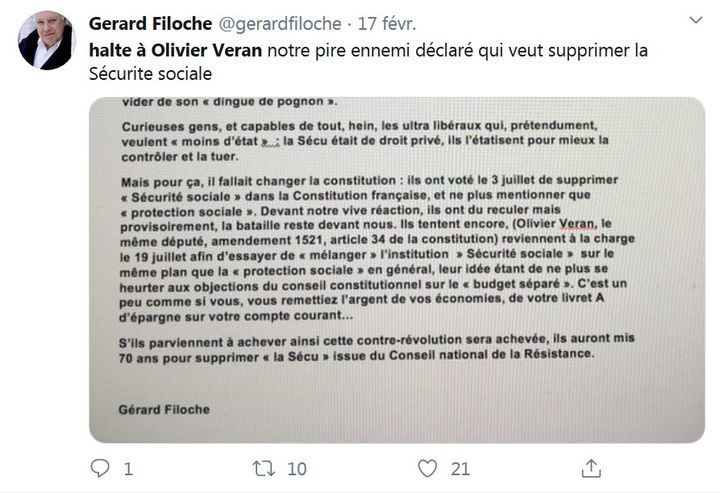 Le post de Gérard Filoche sur Twitter. (CAPTURE D'ECRAN TWITTER)