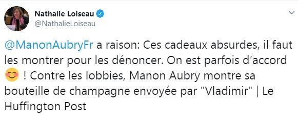 La députée centriste Nathalie Loiseau a soutenu Manon Aubry, députée insoumise, dans un tweet.&nbsp; (CAPTURE D'ECRAN TWITTER)