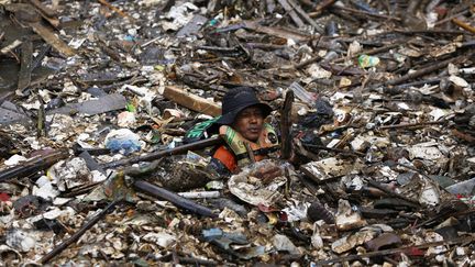 Un b&eacute;n&eacute;vole travaille &agrave; la d&eacute;pollution de la rivi&egrave;re&nbsp;Ciliwung &agrave; Djakarta (Indon&eacute;sie), le 3 d&eacute;cembre 2014. (BEAWIHARTA  / REUTERS  )