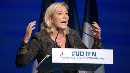 La pr&eacute;sidente du Front national, Marine Le Pen, prononce un discours &agrave; l'universit&eacute; d'&eacute;t&eacute; de son parti, le 15 septembre 2013 &agrave; Marseille (Bouches-du-Rh&ocirc;ne). (BERTRAND LANGLOIS / AFP)