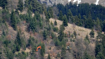 Des engins s'activent pour ouvrir un chemin dans la for&ecirc;t, le 29 mars 2015 &agrave; Seyne-les-Alpes (Alpes-de-Haute-Provence). (JEAN-PIERRE CLATOT / AFP)