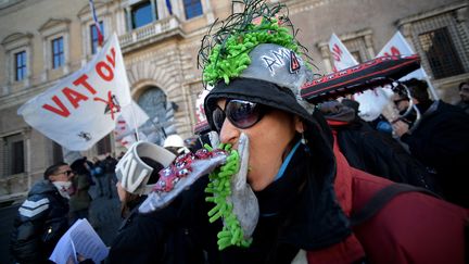 Manifestation contre le projet de LGV entre Lyon et Turin, devant l'ambassade de France &agrave; Rome, le 3 d&eacute;cembre. (FILIPPO MONTEFORTE / AFP)