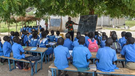 Un enseignant dirige sa classe sous un arbre à Moho, un village de la province du Nord au Cameroun, en septembre 2016.
 (REINNIER KAZE / AFP)