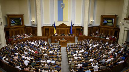 Ukrainian President Volodymyr Zelensky speaks to his country's parliamentarians on June 28, 2023. (UKRAINIAN PRESIDENCY / AFP)