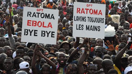 Des habitants&nbsp;se félicitent de la fin de l'épidémie d'Ebola, lors d'un concert d'artistes africains internationaux, le 30 décembre 2015 à Conakry (Guinée). (CELLOU BINANI / AFP)